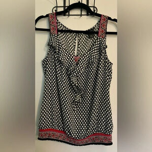 White House Black Market Womens Polka Dot Tank Medium Ruffle Front Keyhole Back‎